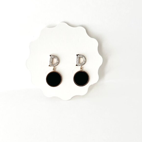 Gold tone Letter D with black drop Dangle Statement Earrings White Stones NWT - Picture 4 of 6